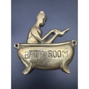 Vintage Brass Metal Lady In Tub Nude Bathroom Door Plaque Sign Wall Decor Risqué